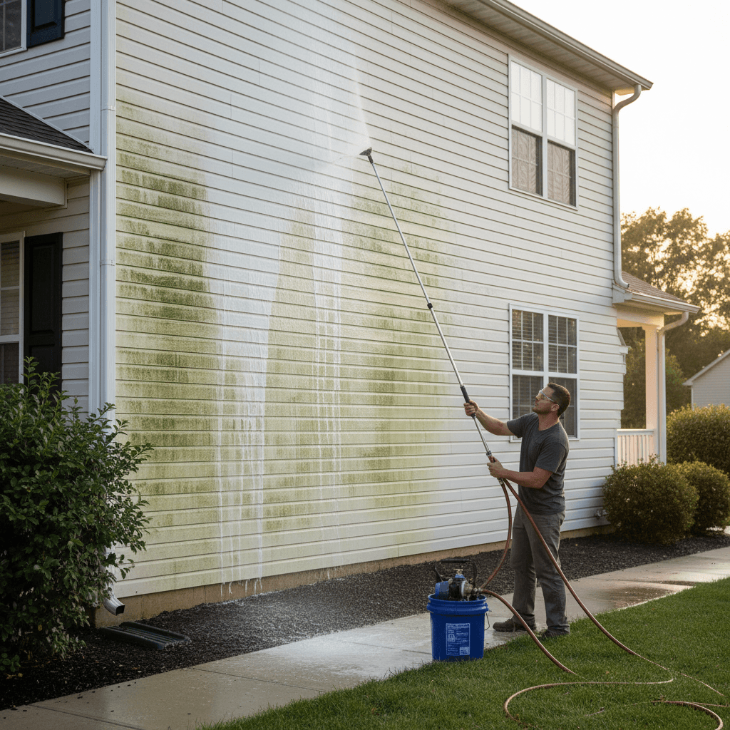 Soft washing wand spraying low-pressure cleaning solution on residential siding