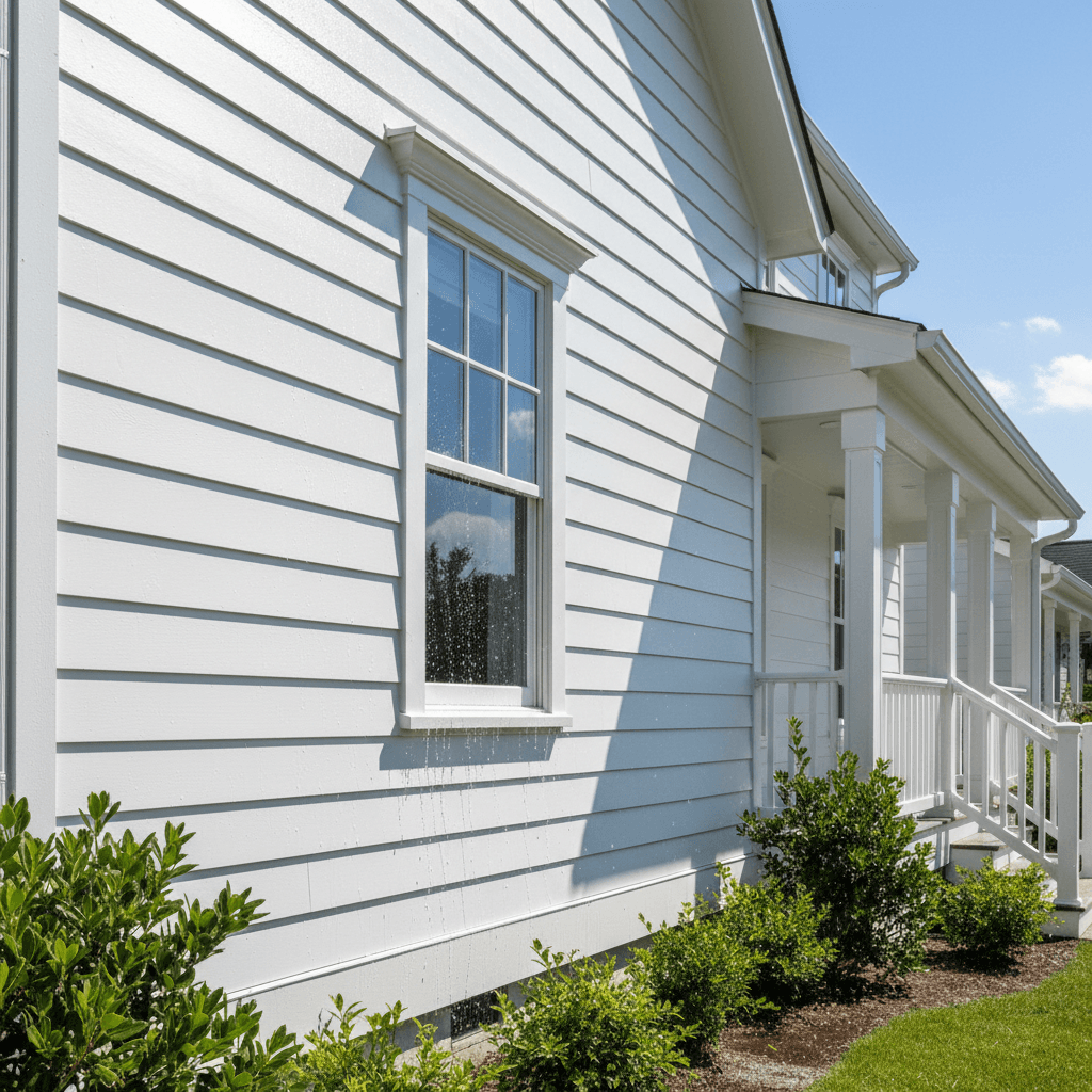 Clean white house exterior siding after soft washing in bright daylight