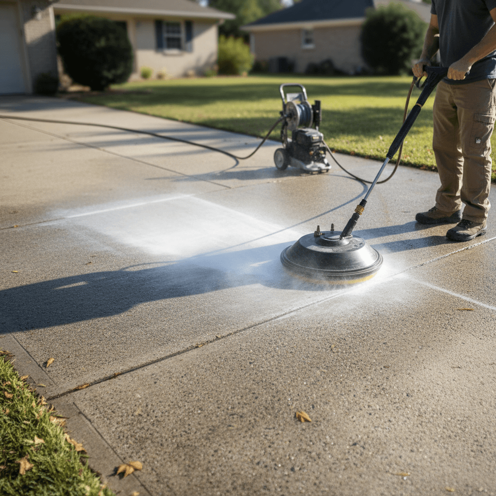 Commercial surface cleaner gliding over concrete driveway for an even finish