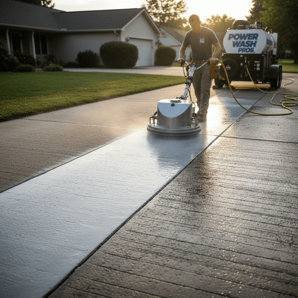 Pressure washing a concrete driveway with a commercial surface cleaner