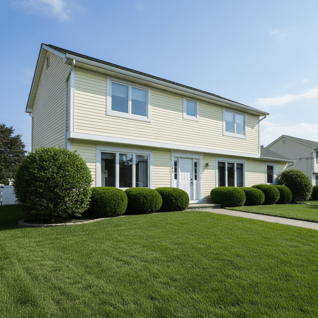 Technician soft washing house siding with low pressure spray