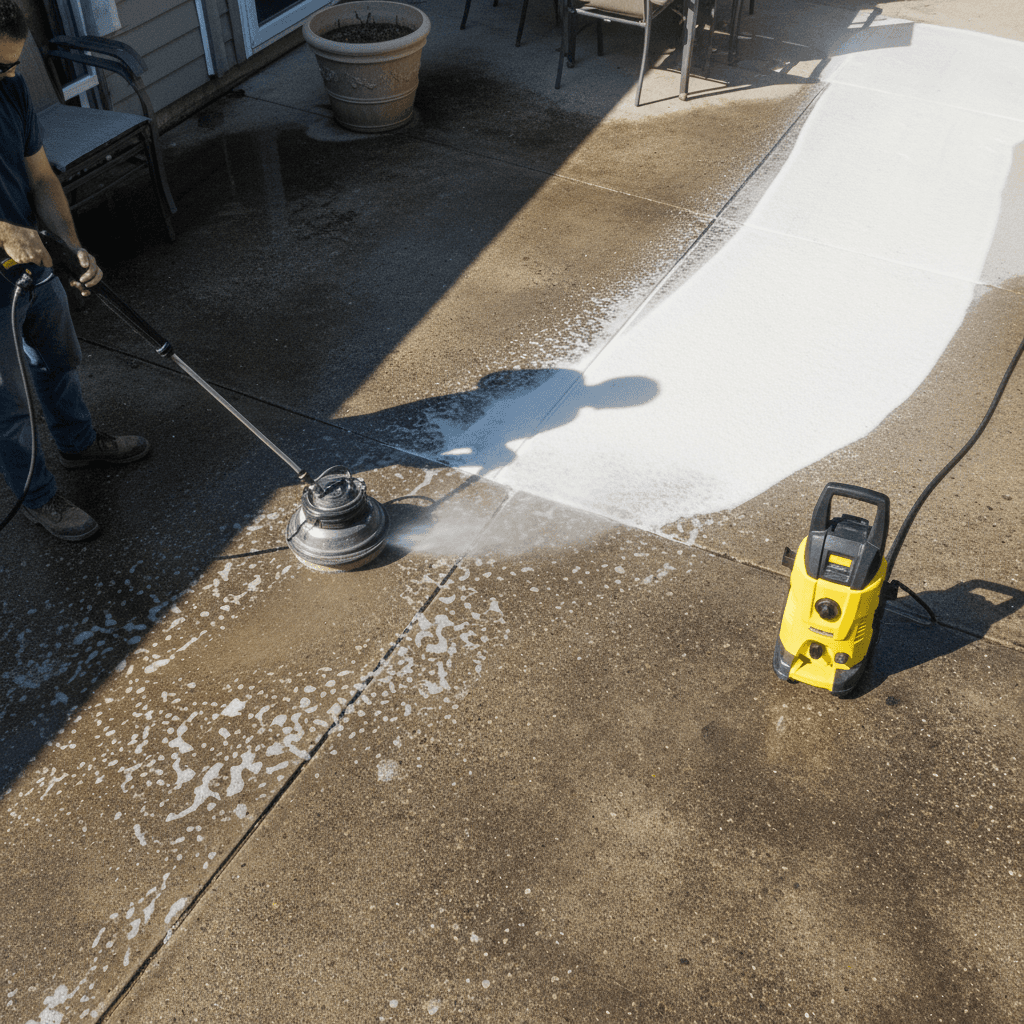 Concrete patio cleaned with pressure washer