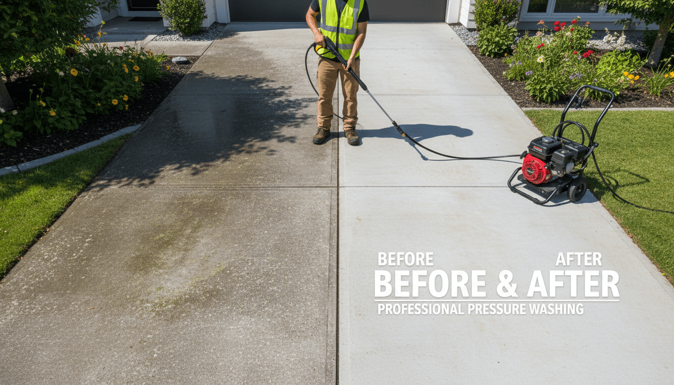 Commercial surface cleaner leaving a clean streak-free driveway