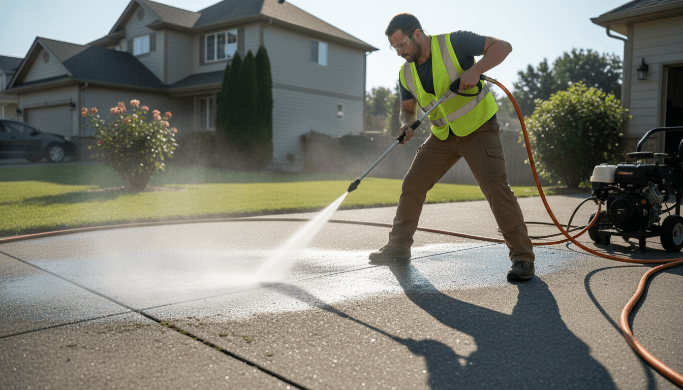 Pressure washing driveway with commercial surface cleaner
