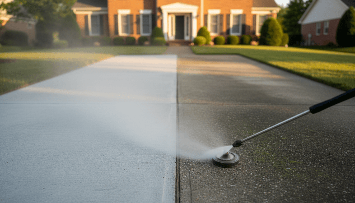 Pressure washing a concrete walkway and patio