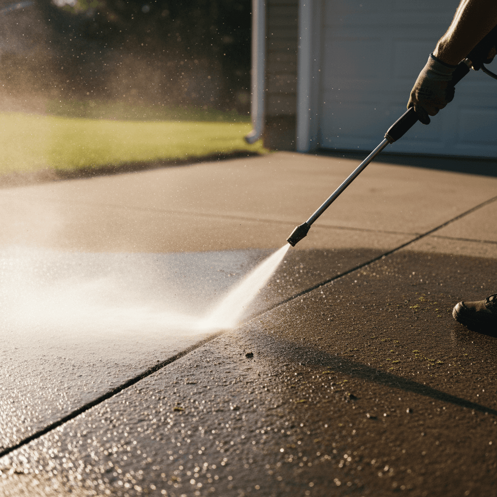 Commercial surface cleaner washing a concrete driveway with high pressure water