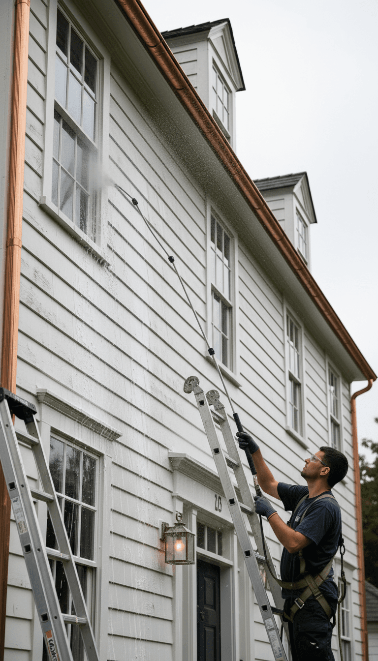 Professional worker gently soft washing house siding with low pressure spray