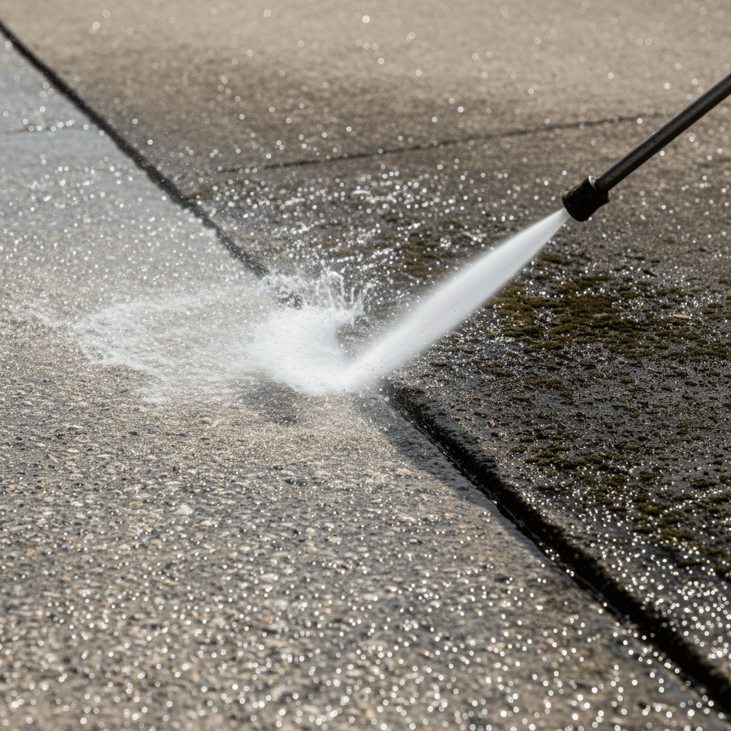 Pressure washer cleaning a concrete driveway with even, streak-free strokes