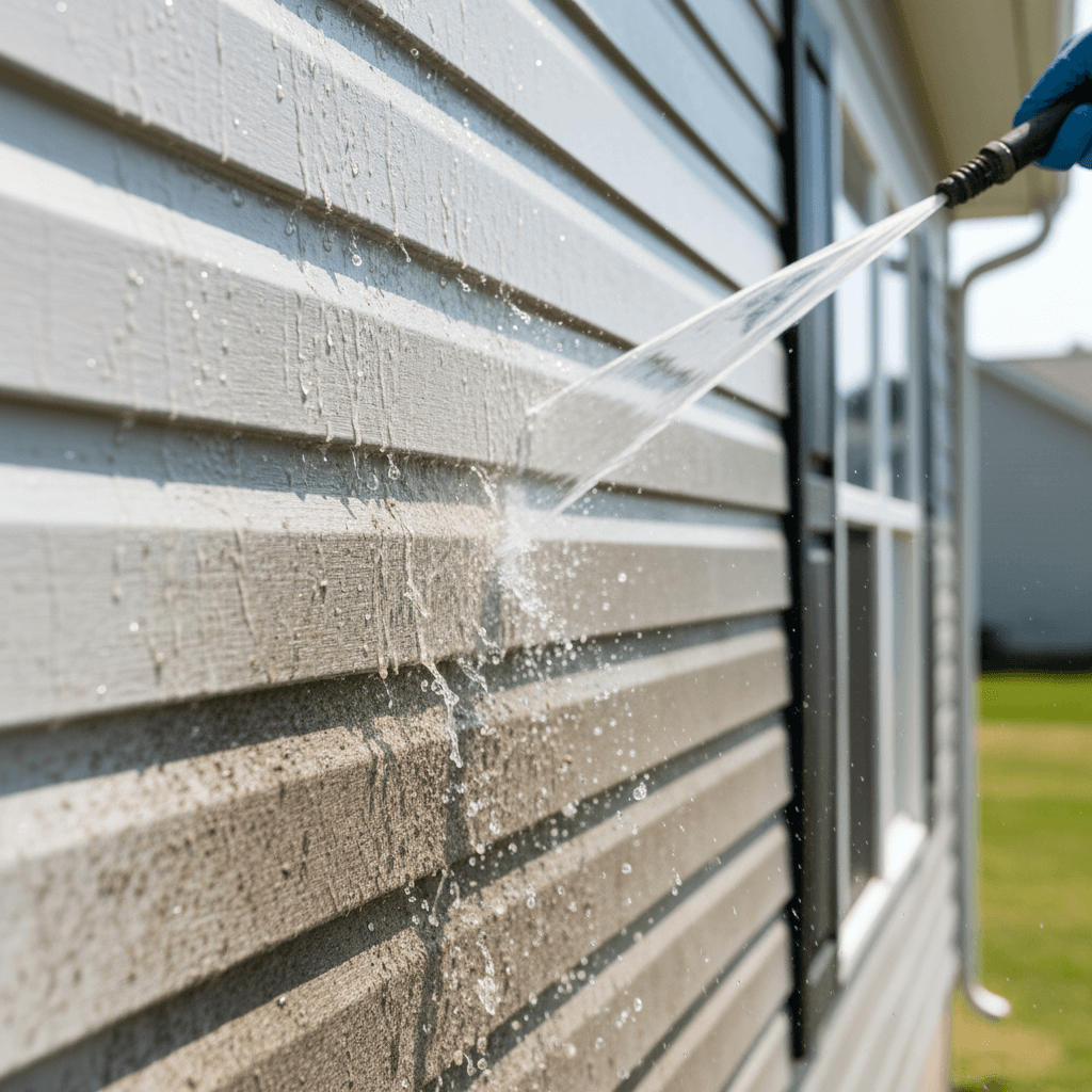 Close up of clean white house siding after soft washing