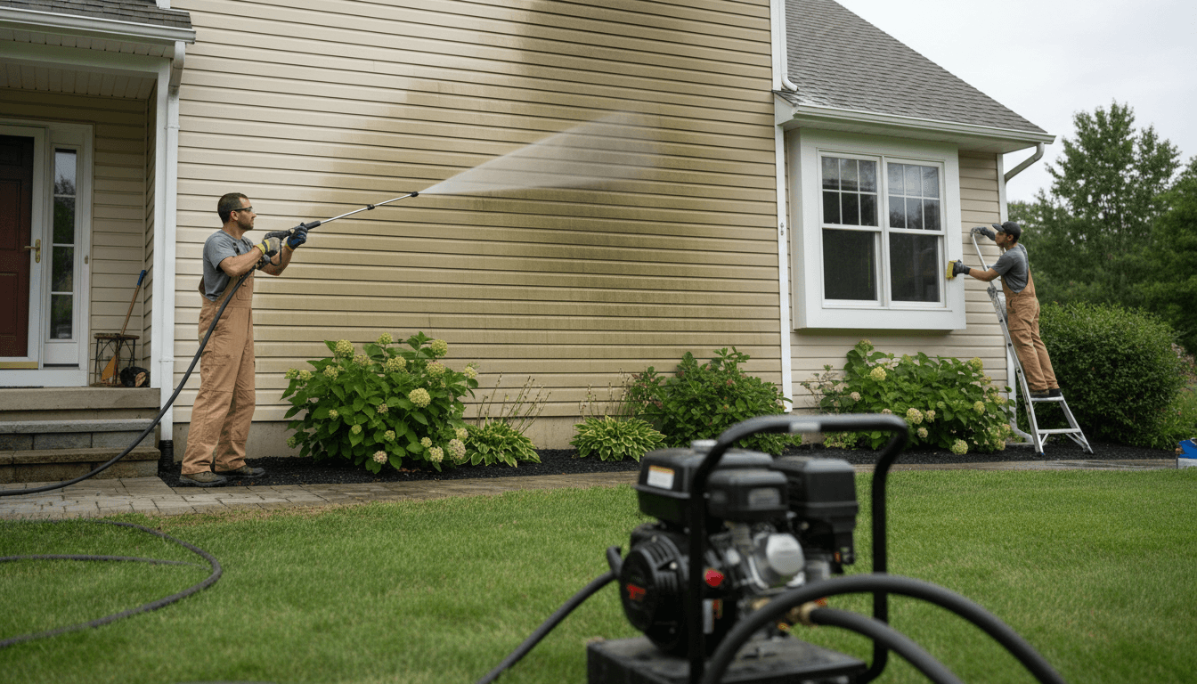 Technician pressure washing a residential driveway with a surface cleaner