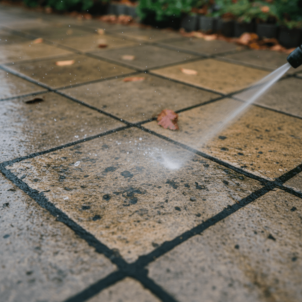 Worker pressure washing a stone patio walkway with water spray