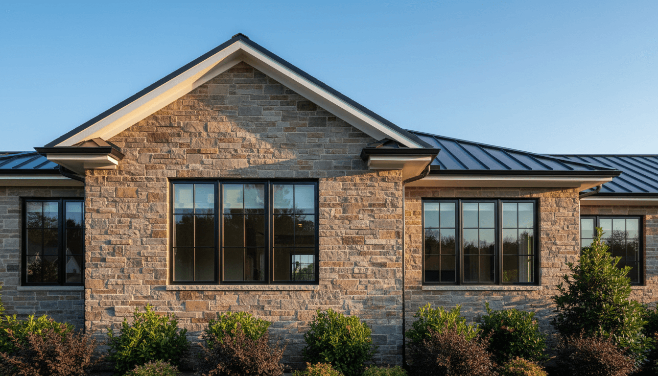 Completed stone veneer facade on residential home exterior with golden hour sunlight highlighting architectural stonework details