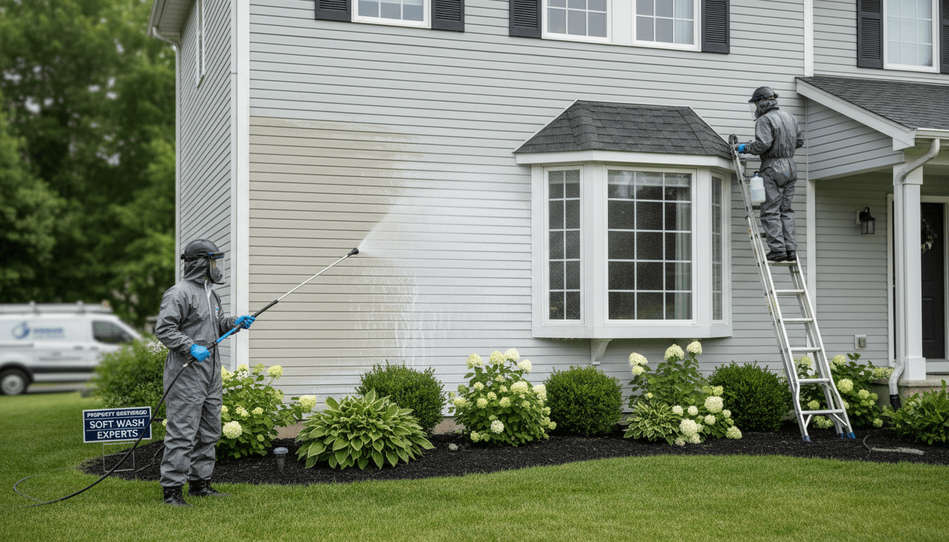 Professional cleaning crew performing soft wash cleaning on residential home exterior with low-pressure equipment and safety gear