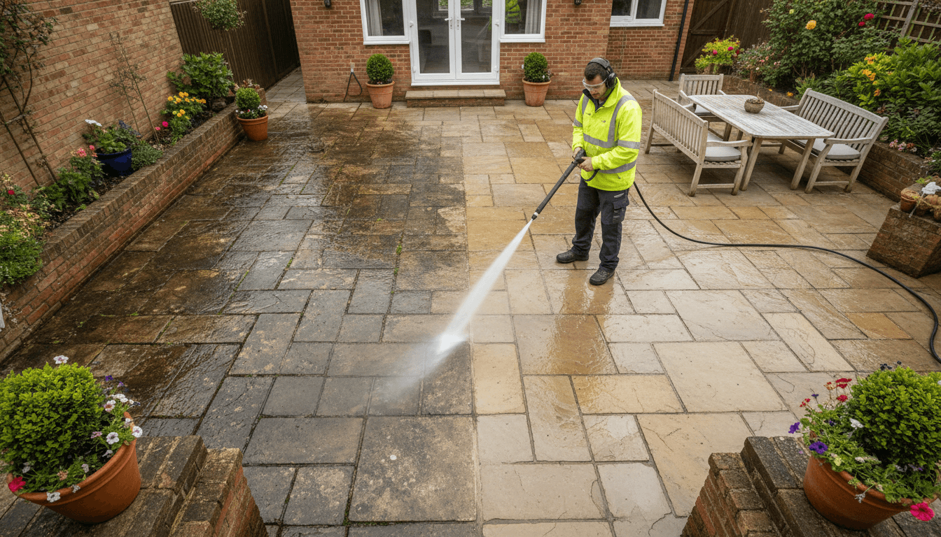 Clean paved patio and walkway after professional power washing