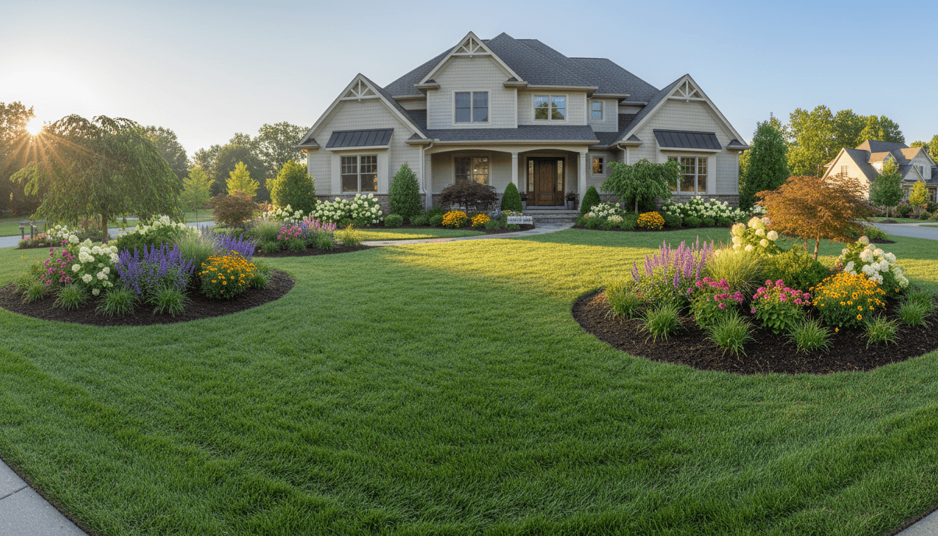 Newly landscaped residential front yard with flowering beds, manicured lawn, and defined garden borders creating enhanced curb appeal.