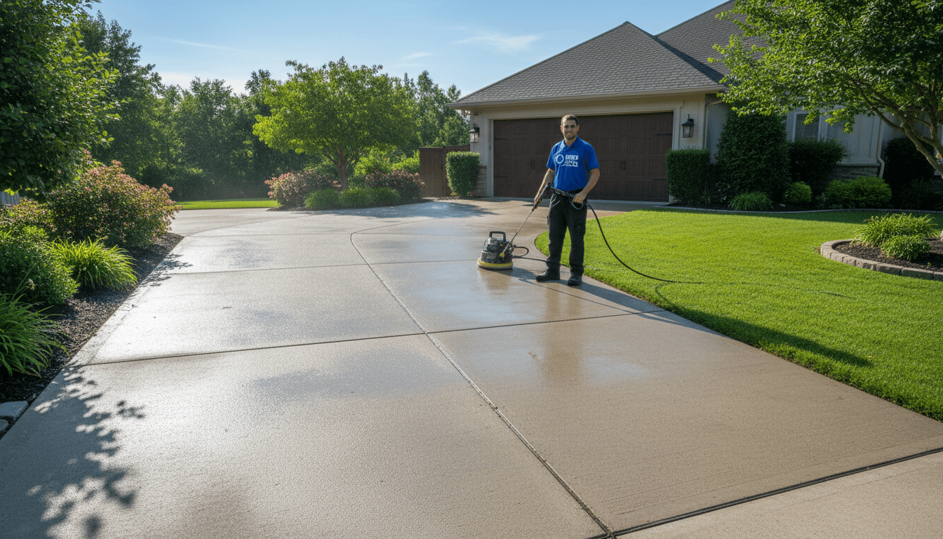 Professional worker pressure washing residential driveway with pristine concrete surface and manicured lawn visible in background