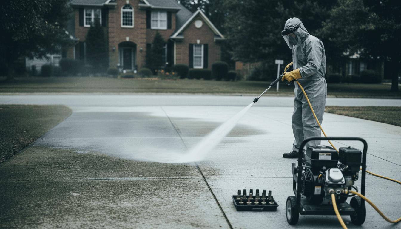 Professional pressure washing a residential driveway