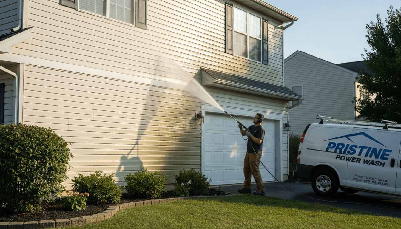Soft washing the siding of a house with a low pressure spray
