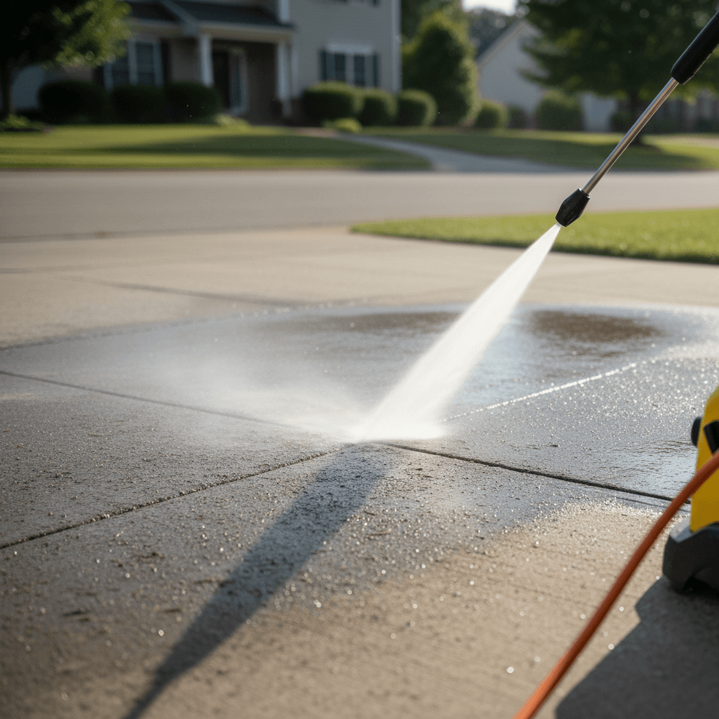 Pressure washing a concrete driveway with industrial equipment